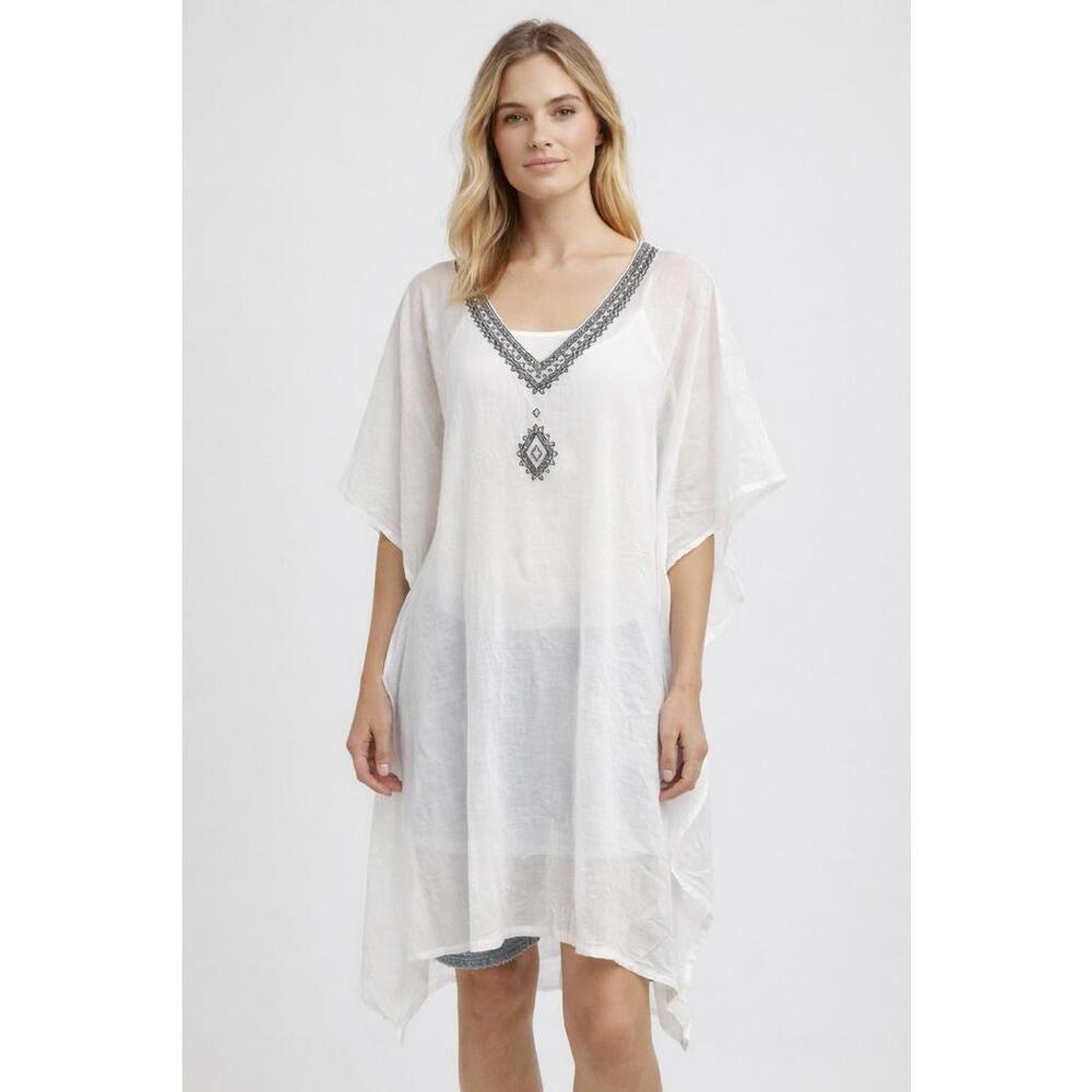 Rhea White Beaded Kaftan Top One Size 100% Cotton Boho Tunic NWT
